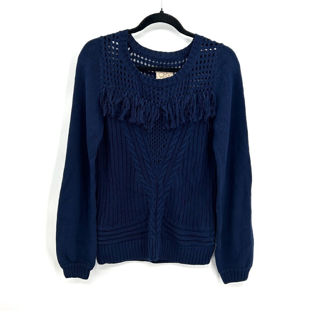 NWT CHASER Navy Blue Fringe Crochet Cable Knit Boho Pullover Sweater Size Medium